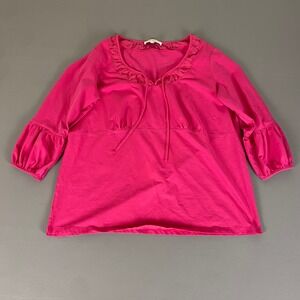 Jones New York Blouse Top Womens Plus Size 1X Pink 3/4 Sleeve Ruffle Neck Cotton